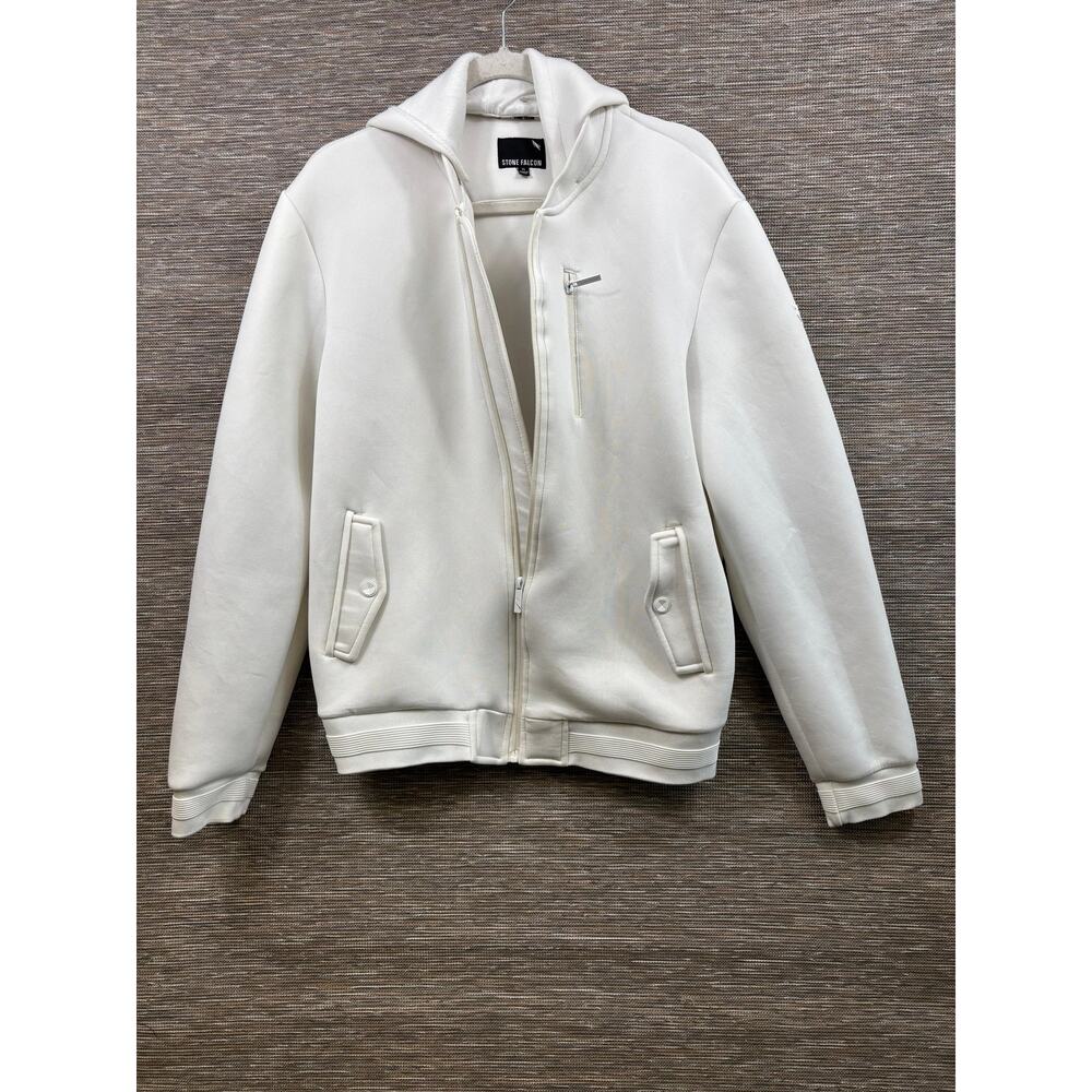 Stone Falcon Jacket Mens XL White Hooded Softshell Bomber Full Zip Lined Pockets